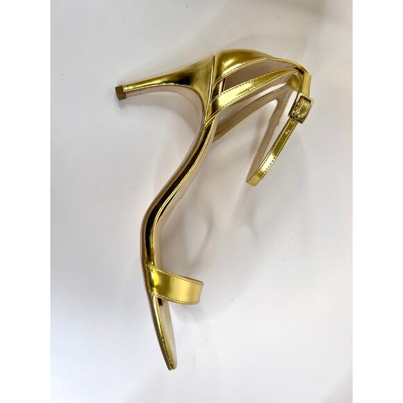 ASOS Size 8 Gold Shiny 3 Inch Ankle Strap Heels Open Toe - Picture 15 of 15